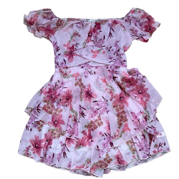 Women Bohemian Romper Large L Pink-Floral Off The Shoulder Lined Ruffle Layered - Picture 5 of 13